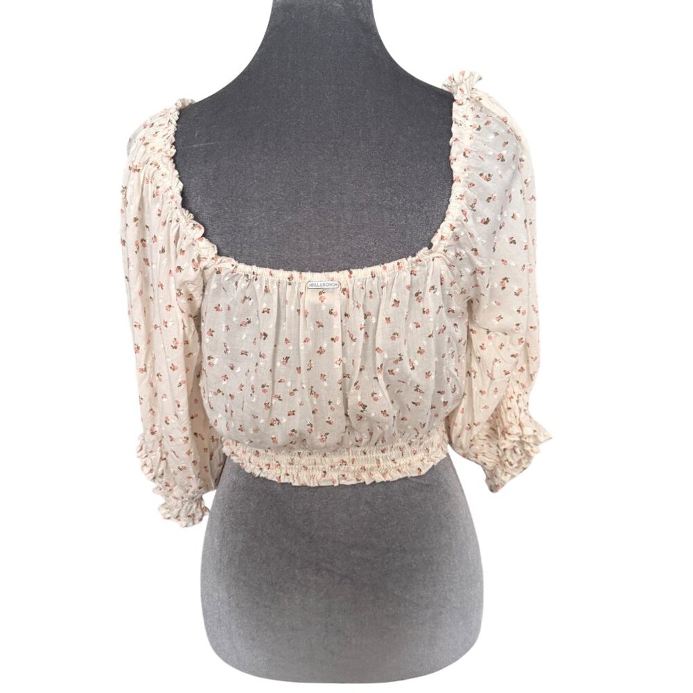 Billabong Floral Print Cropped Peasant Top With Elastic Hem & Puff Sleeves Size - Picture 5 of 6